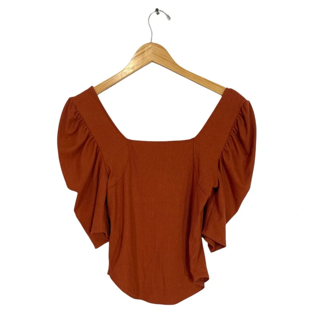 Free People We The Free Night Lily Puff Shoulder Ribbed Top In Sienna Medium